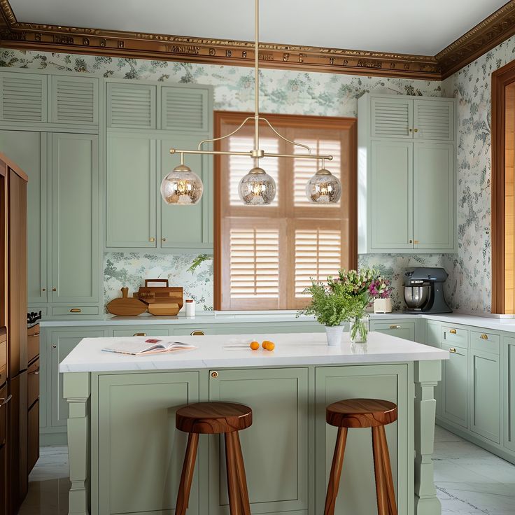 two stools are in front of the kitchen island