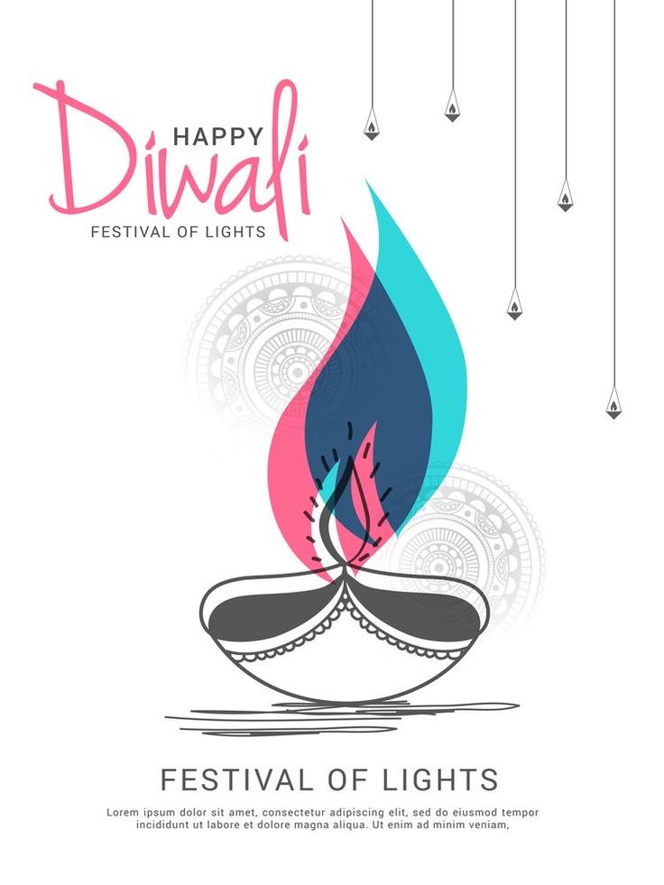 happy diwali festival of lights with colorful fire and hanging chandelier on white background