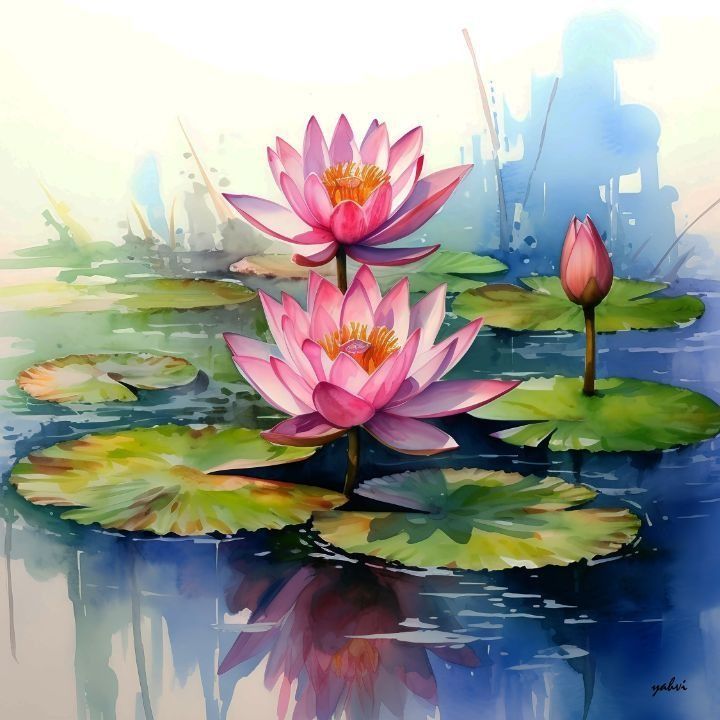 two pink water lilies floating on top of a pond