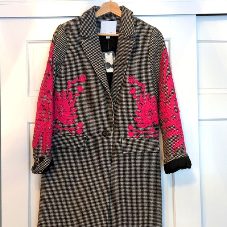 Nwt Stunning Anthropologie One Button Blazer, Faux Pockets, Beautiful Pink Embroidery. Tailored Embroidered Winter Blazer, Tailored Embroidered Blazer For Winter, Tailored Embroidered Outerwear For Spring, Fitted Pink Outerwear With Floral Embroidery, Chic Embroidered Outerwear For Work, Pink Embroidered Fitted Outerwear, Embroidered Winter Workwear Outerwear, Tailored Embroidered Blazer For Fall, Spring Wool Outerwear With Embroidery