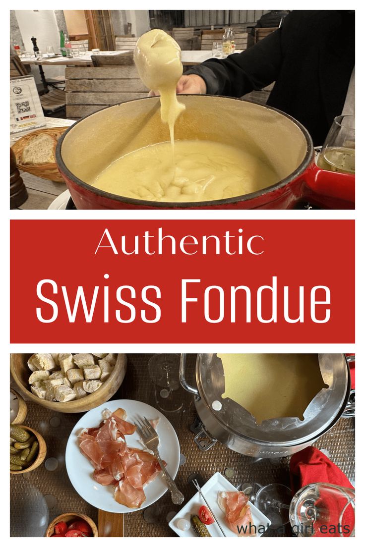 a person pouring sauce into a pot with other dishes around it and the words authentic swiss fondue