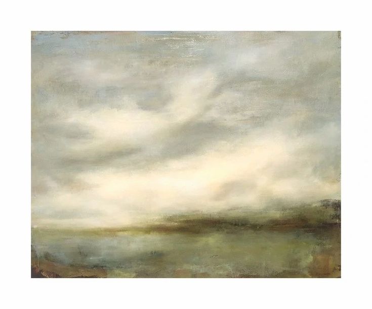 an abstract painting with white and brown clouds in the sky over a body of water