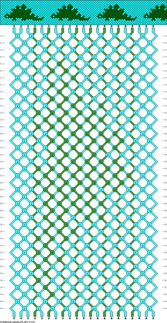 a blue and green knitted pattern with white dots on the bottom, and an image of