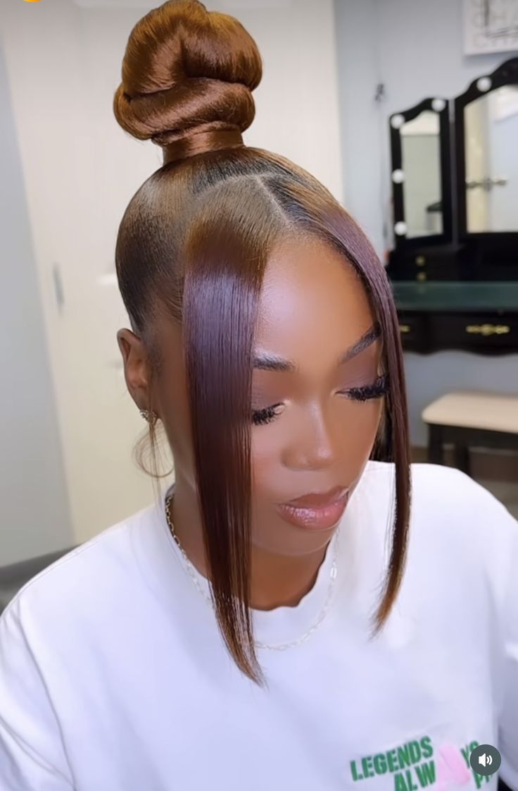 Three Bun Hairstyle, Updos For African American Women, Black And Blonde Ponytail Weave, Ponytail Bangs Hairstyles, Ponytail Hairstyles For Black Women Updo, Birthday Styles Hair For Black Women, Blonde Ponytail Hairstyles, High Bun With Curls, Blonde Ponytail Black Women