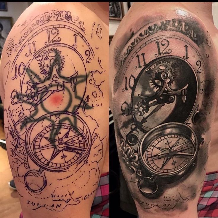 two men with tattoos on their arms, one has a clock and the other has a watch