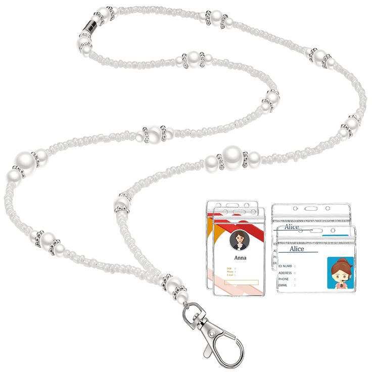 PRICES MAY VARY. Package quantity: you will receive 1 pearl badge lanyard, 2 vertical card holders, and 2 horizontal card holders, a combination that can be applied to containing your badges and cards, this quantity is enough to meet your daily working and replacement uses Hand-made ornaments: this set of a pearl neck lanyard with 4 pieces of ID holders is made of white artificial pearl ornaments, key chain with silver clip; This set can reflect a lady's thoughtfulness, elegance and exquisitenes Women Classic Style, Pearl Ornaments, Pearl Neck, Neck Lanyard, Badge Lanyard, Beaded Lanyard, Key Lanyard, School Supply Labels, Clear Card