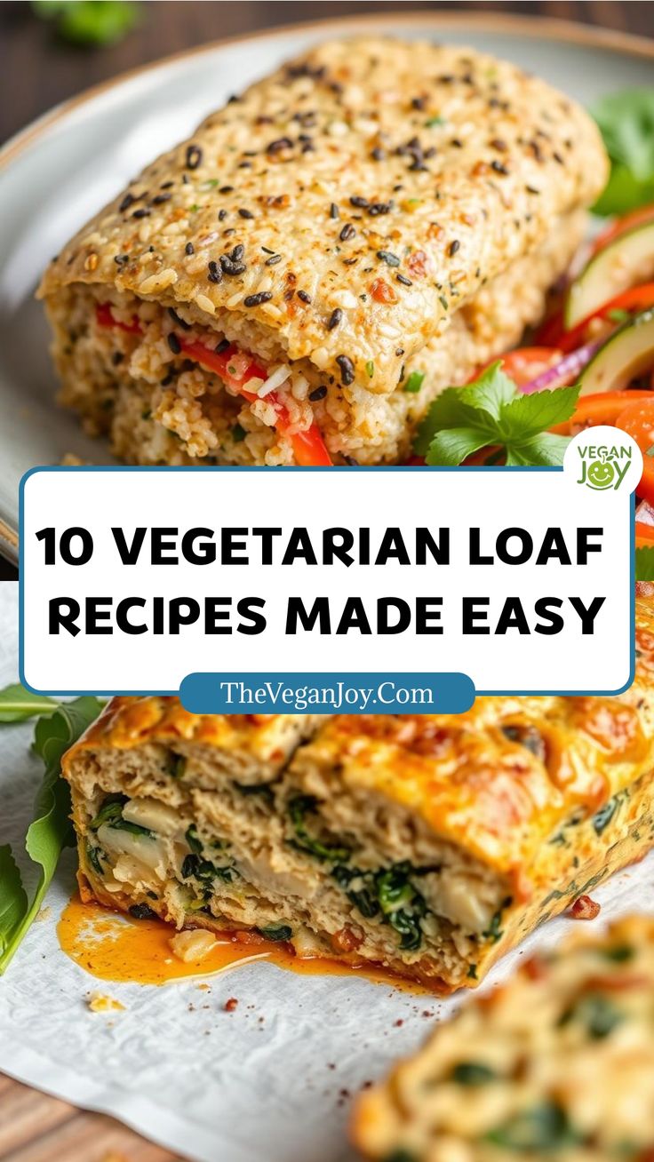 vegetarian loaf recipe made easy on a white plate with text overlay that reads, 10 vegetarian loaf recipes made easy