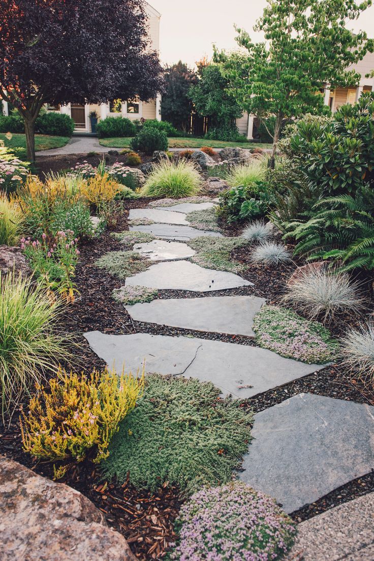 a stone path in the middle of a garden