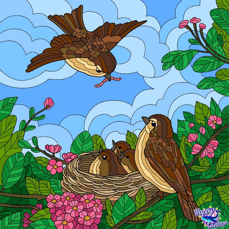 three birds sitting on top of a nest in a tree filled with leaves and flowers