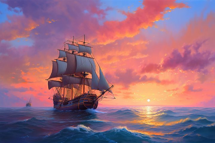 a painting of a sailing ship in the ocean at sunset with clouds and sun behind it