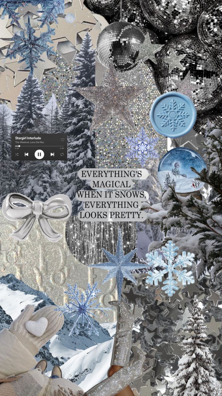 a collage of snowflakes and trees with words on the bottom right corner