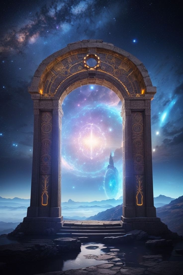 an arch leading into the sky with stars and planets in it, as if from outer space