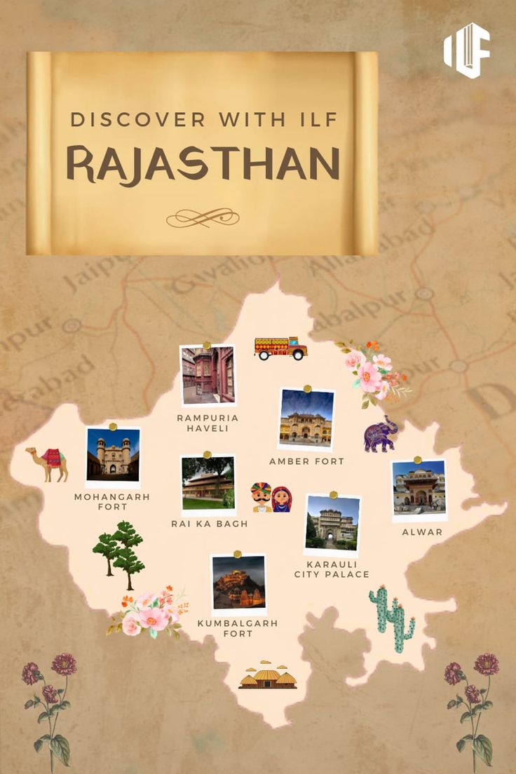 a map with pictures of different places on it and the words, discovery with if rajasthan