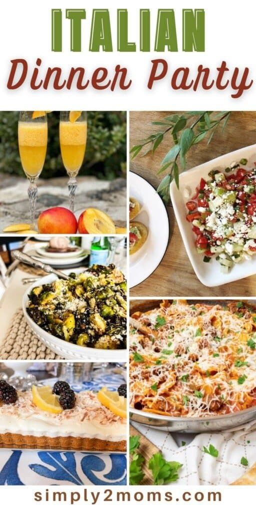 an italian dinner party with pizza, salad and fruit on the table is featured in this collage