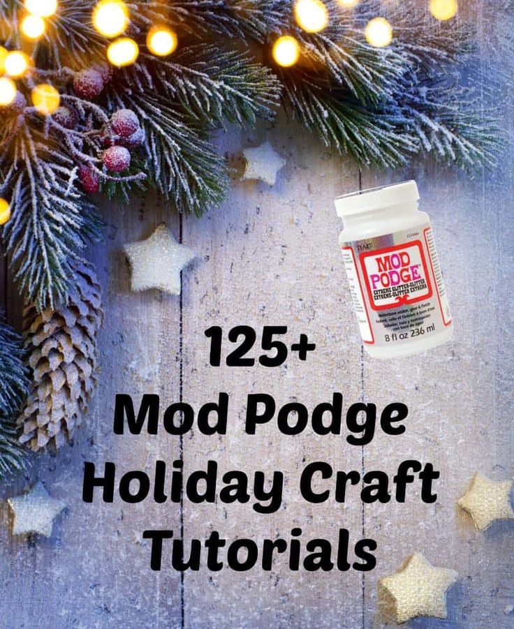 a holiday craft project with pine cones and christmas lights on the background, including a jar of mod podge holiday craft materials