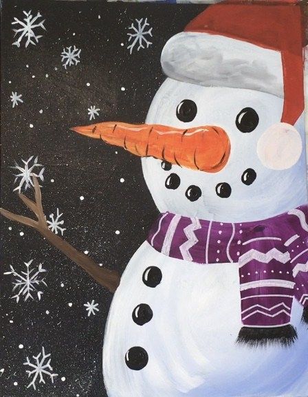 a painting of a snowman wearing a santa hat and scarf with an orange carrot sticking out of it's nose