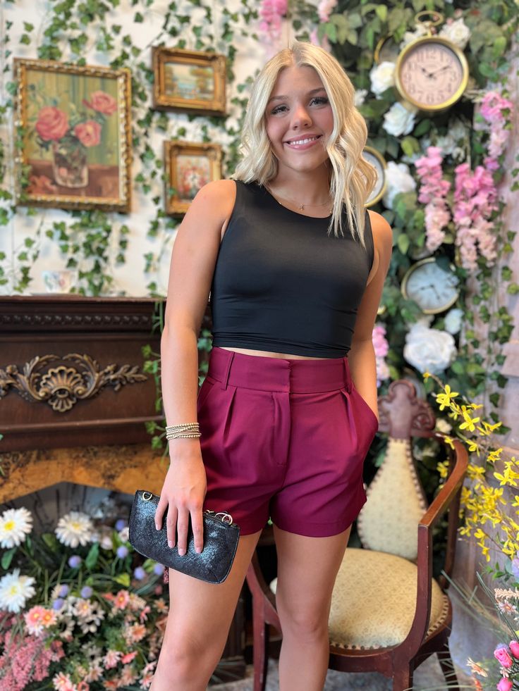 Upgrade your summer wardrobe with our Entro Live It Up Dressy Shorts in Garnet! These high-waisted shorts are the perfect combination of style and comfort, featuring a button and zipper closure, pockets at the side, and a belted waist. The lightweight, non-sheer material is perfect for any occasion. Live it up in these must-have shorts! Fabric Content 95%POLYESTER 5%SPANDEX Summer Skort With Built-in Shorts For Night Out, Trendy Shorts For Night Out In Summer, Spring Knee-length Shorts For Night Out, Trendy Summer Shorts For Night Out, High-waisted Shorts For Night Out In Spring, High-waisted Skort For Summer Night Out, Trendy Mini Shorts For Date Night, High Waist Shorts For Night Out In Summer, Summer Night Out Shorts With Built-in Shorts