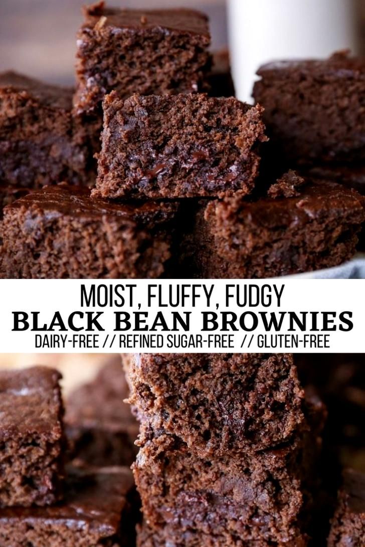 chocolate fudge brownies stacked on top of each other with the words, most fluffy fudgey black bean brownies