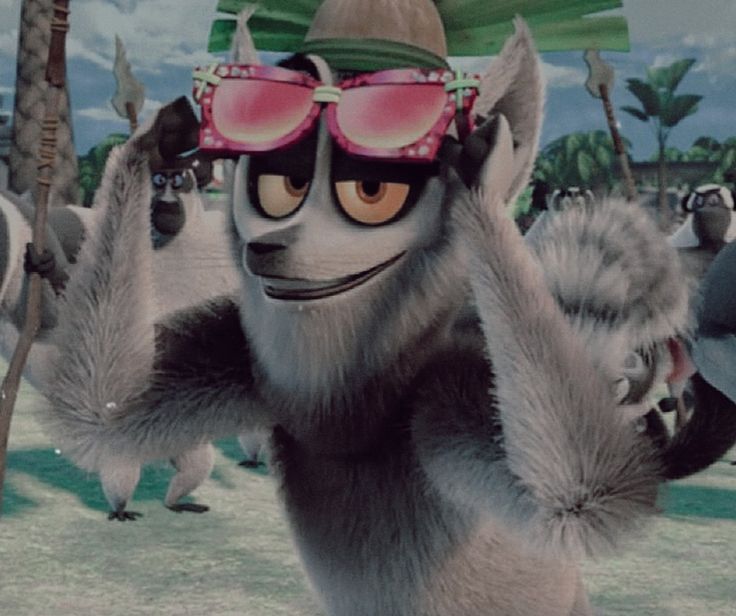 the animated character is wearing sunglasses and standing in front of other animals with their arms up