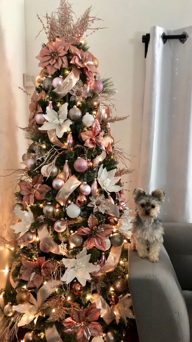 Our 2021 Rose Gold and White Christmas tree. Our Christmas includes flowers & sprays and ornaments in pink, gold, white and copper color. Christmas Tree Roses, Silver Christmas Tree Decorations, Gold And White Christmas Tree, Pink Christmas Tree Decorations, White Xmas Tree, Christmas Tree Pink, Gold And White Christmas, Rose Gold Christmas Tree, Rose Gold Christmas Decorations