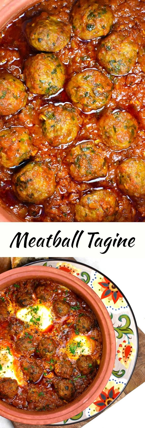 meatball tagine in a red pot and on a plate with the words meatball tagine above it