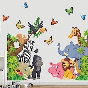 an animal wall decal with many different kinds of animals and butterflies in the background