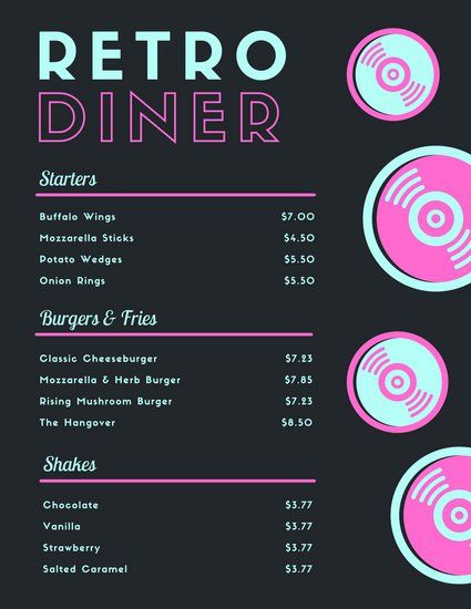 a menu for a retro diner with pink and blue circles on the front, black background