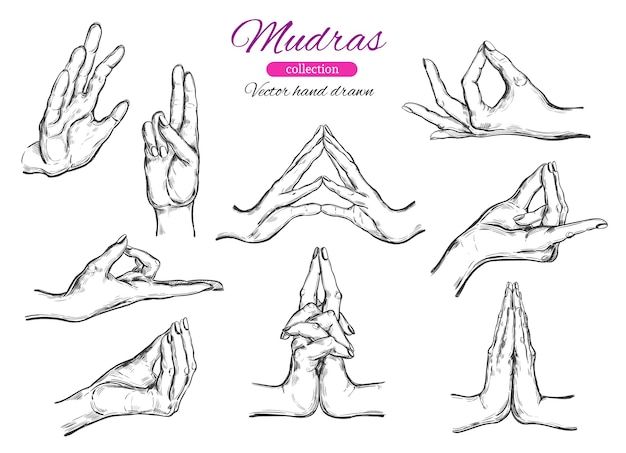 hand gestures and hands with the words mudras written on them, all in different positions