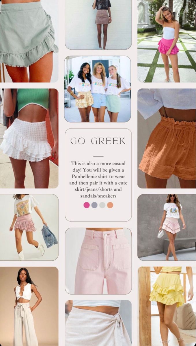 several pictures of different women in skirts and shorts with the words go greek on them