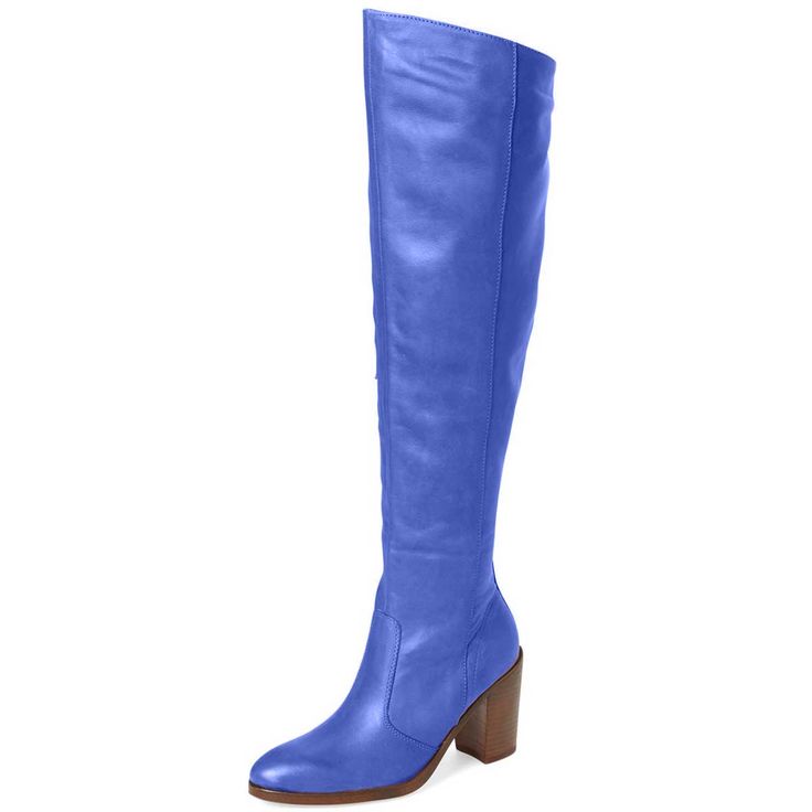 Step out in style with our Classic Cobalt Blue Knee High Boots. Featuring a round toe and block heel, these boots are both chic and comfortable for any occasion. Color: Cobalt Blue Heel Type: Block heel Heel Height: 4" / 100 mm approx Product measurements were taken using size 8. Please note that measurements may vary by size. Toe: Round toe No platform The half-length zipper design makes it easier to wear. Handcrafted US sizing. Fits true to size. Blue Ankle Boots For Work, Blue Round Toe Knee-high Boots For Winter, Blue Round Toe Workwear Boots, Blue Block Heel Boots For Fall, Blue Boots With Stacked Heel For Fall, Blue Leather High Ankle Heeled Boots, Blue Heeled Boots For Fall, Chic Blue High Ankle Heeled Boots, Blue Workwear Boots With Round Toe