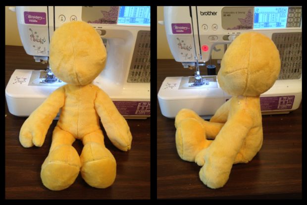 two pictures of a stuffed animal sitting in front of a sewing machine