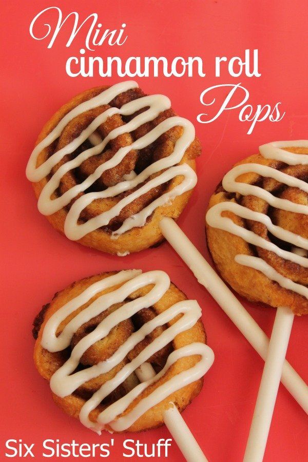 four mini cinnamon roll pops with white icing