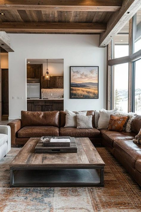 Comfy Leather Couch Living Room, Rustic Western Interior Design, Montana Inspired Living Room, Western Modern Interior, Modern Farmhouse Brown Leather Couch, Western Cabin Living Room, Lodge Interior Design Living Room, Mountain Home Living Room Furniture, Western Contemporary Living Room