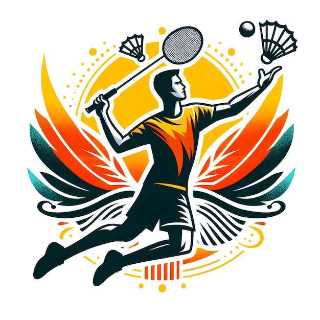 a man is playing badminton with an orange and yellow background