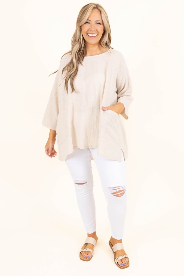 Don't think too much, you need this beauty in your wardrobe! The neutral sand beige color is just in time for the season! The functional pockets and lightweight design is great for a casual day out! We see this top paired with some skinnies or shorts for a classic chic look! 100% Cotton Beige Cotton Tops With Pockets, Spring Relaxed Fit Tops With Sleeve Pocket, Oatmeal Tops For Spring Everyday Wear, Oatmeal Tops For Everyday Spring Wear, Beige Cotton Tops With Side Pockets, Khaki Tops With Side Pockets For Work, Chic Khaki Tops With Pockets, Casual Taupe Tops For Day Out, Versatile Everyday Tops With Pockets