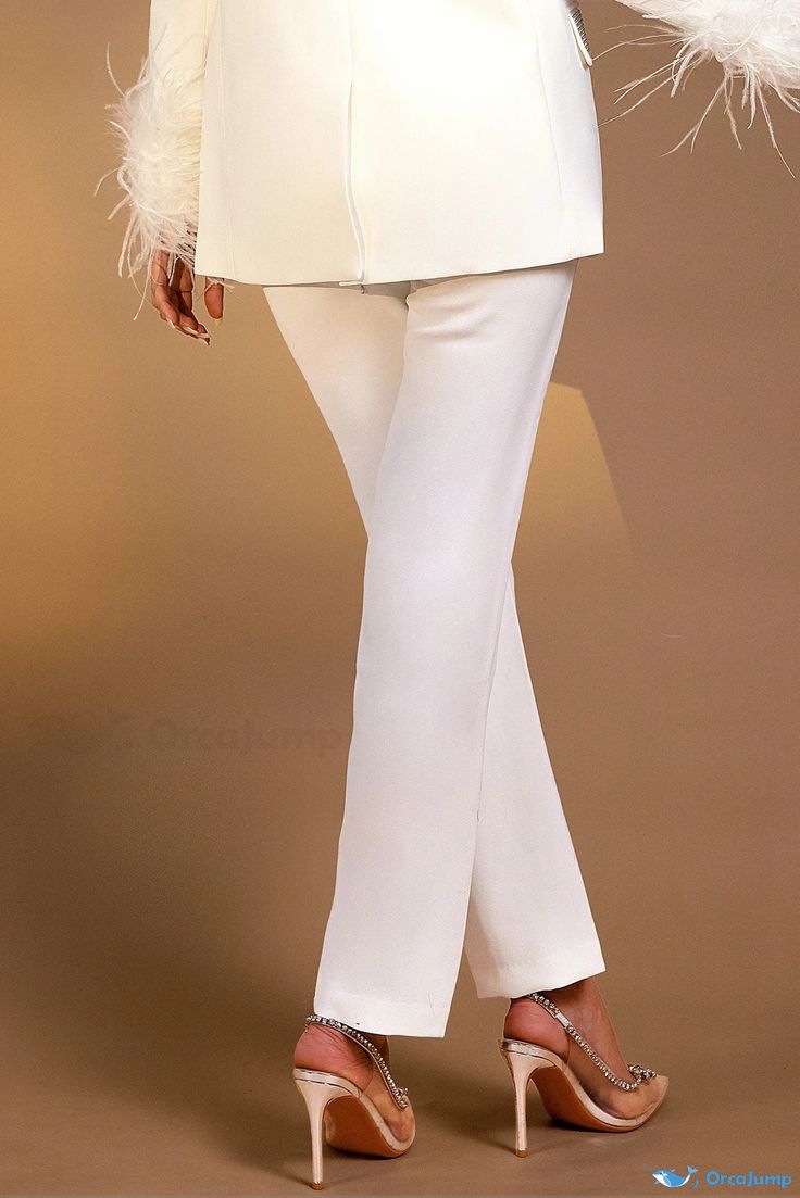 Classic Gloria White Pantsuit Solid Color Full Length Sets For Spring, Elegant Solid Color Summer Suits, Elegant Stretch Pant Set For Spring, Chic Solid Color Sets With Long Pants, Chic Sets With Solid Color Long Pants, Spring Stretch Full Length Pantsuit, Spring Stretch Full-length Pantsuit, Elegant Workwear Pant Set, Elegant Pant Set For Workwear