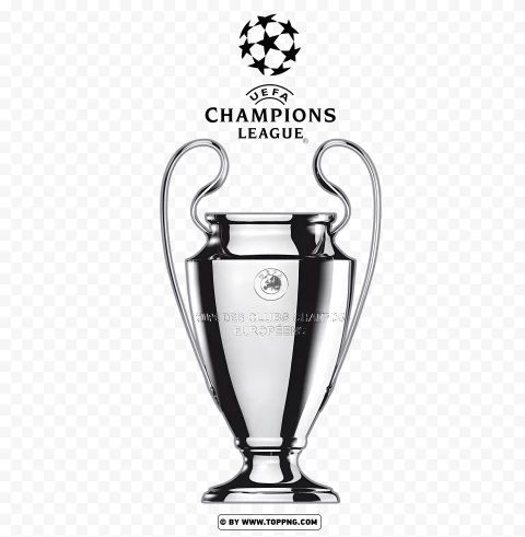 the trophy is displayed on a white background, with black and silver lettering that reads champions league