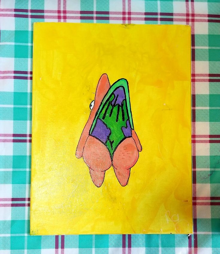 a painting of a pair of pink shoes on a yellow and green checkered tablecloth