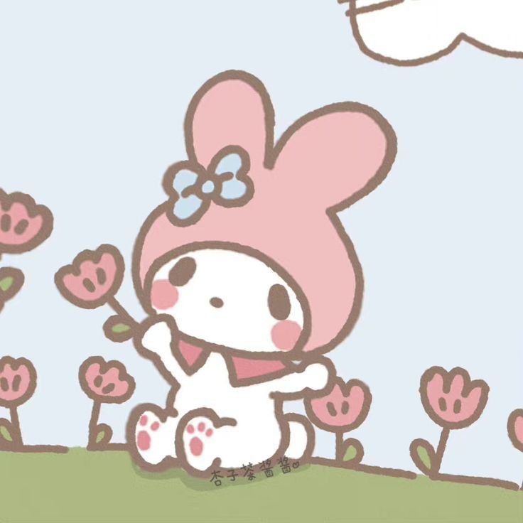 a drawing of a hello kitty sitting in the grass with pink flowers and a bird flying overhead