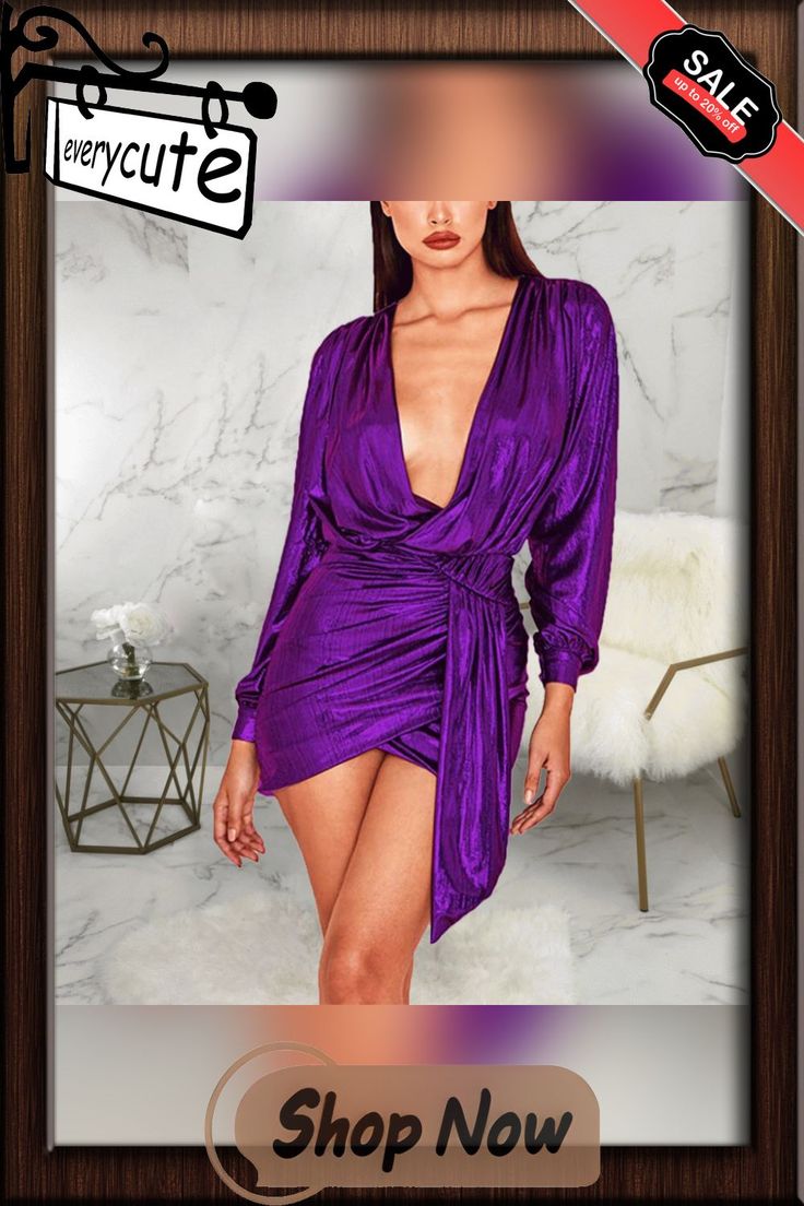 Sexy Fashion Slim Fit V-neck Dress Fitted Purple V-neck Dress For Party, Elegant Purple V-neck Dress For Party, Fall Purple V-neck Dress, Chic V-neck Mini Dress For Evening, V-neck Mini Dress For Cocktail Party Season, Flirty V-neck Dress For Party Season, Flirty V-neck Evening Dress, Elegant Purple V-neck Mini Dress, Glamorous Spring V-neck Party Dress