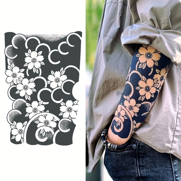 a woman's arm with flowers on it next to an image of her sleeve