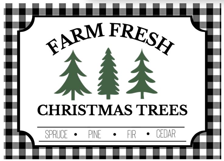 the farm fresh christmas trees logo on a black and white gingham checkered background