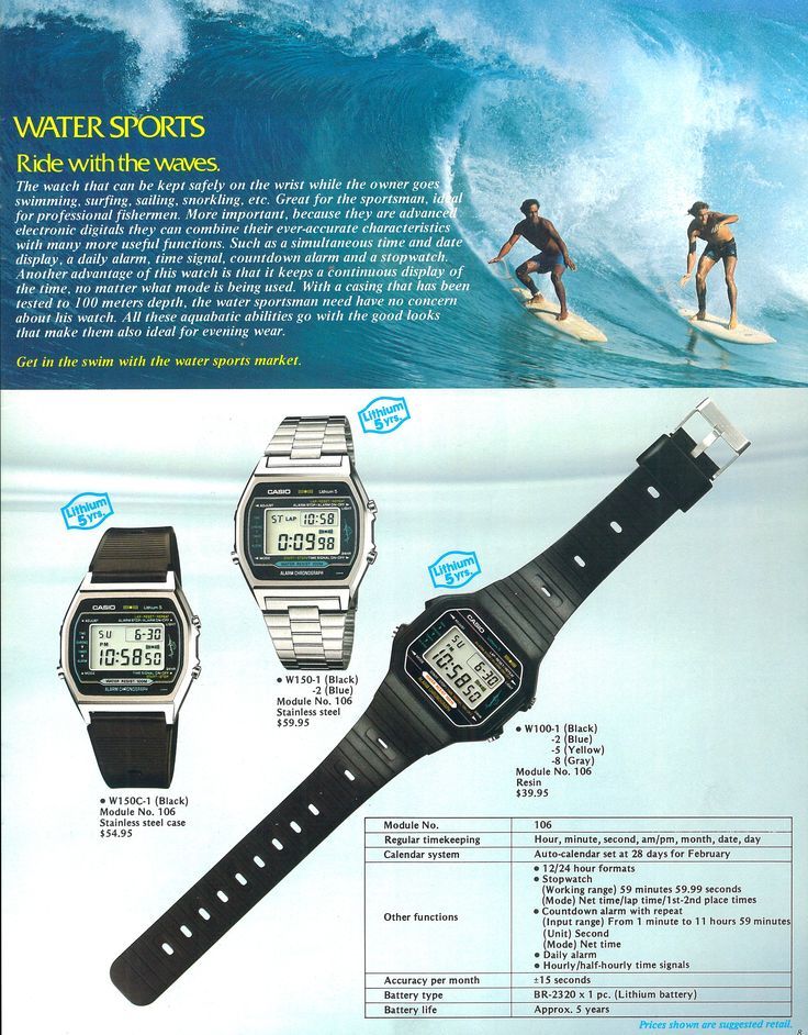 Casio W100 / W150 Watch (1980) Water Sport Series #CASIO #watches #vintagewatches #wristwatches #SaaBoomBxR #80s #VintageTech #VintageElectronics #VintageGadgets #VintageAds #ProductDesign #MadeInJapan Surf Watch, Casio Watches, Casio Vintage, Classy Watch, Led Watch, Vintage Sport, Retro Watches, Retro Ads, Water Sport