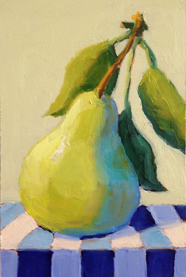 a painting of two pears on a checkered tablecloth