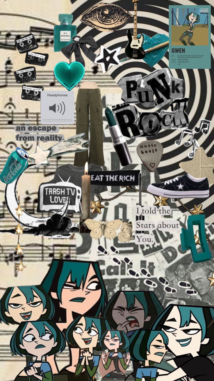 a collage of cartoon characters with music notes on the wall behind them and words that read punk rock eat the rich