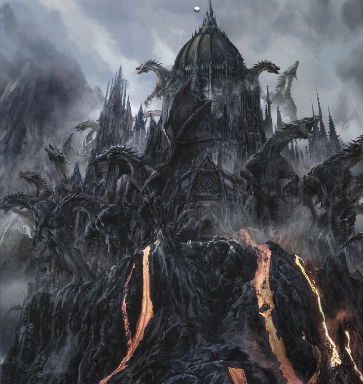 an image of a castle on top of a mountain with dragon like creatures surrounding it