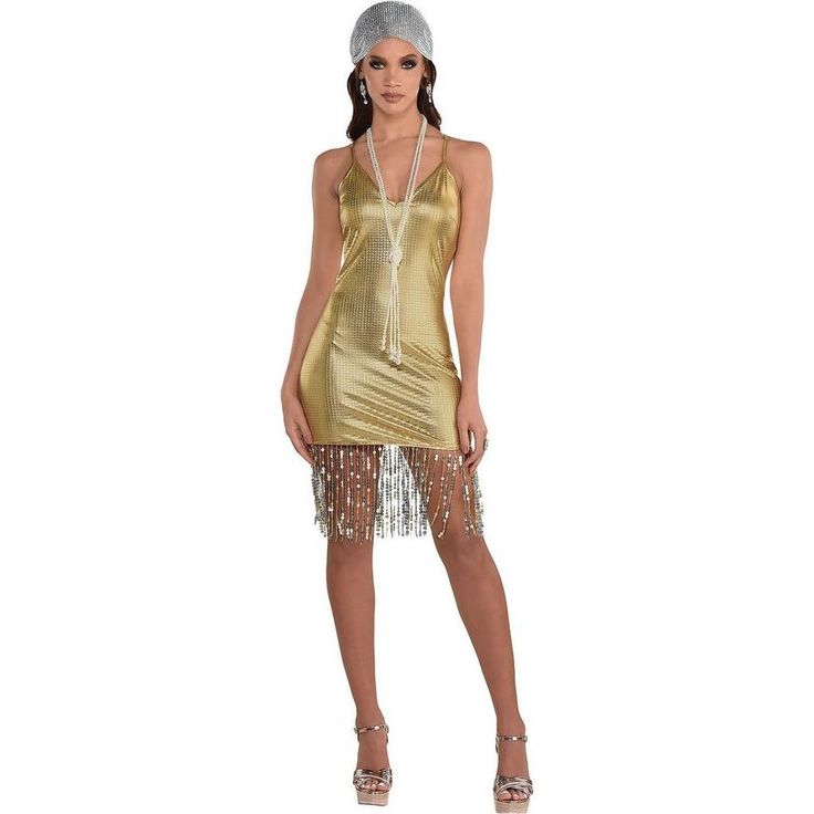 You'll do the Charleston all night long in this Roaring 2 s flapper costume for adults! The body-hugging gold dress is covered in gold sequins on the front and features long fringe along the bottom hem that shimmies when you shake. For an elegant touch tie on the wide diamond-look rhinestone headband. pbFeisty Flapper Costume product details:-b-p ul liDress ul liSweetheart neckline-li liSpaghetti straps-li li8in-long bottom fringe-li -ul -li liHeadband ul liFaux rhinestones-li liTie closure-li -ul -li liPolyester-li liDoes not include shoes or jewelry-li liReview the size chart for sizing information-li -ul pbCare Instructions:-b-p ul liHand wash cold with like colors-li liLine dry-li liDo not bleach or iron-li -ul 20s Flapper, Flapper Costume, Long Fringes, Rhinestone Headband, Party Stores, Gold Sequins, Color Lines, Gold Dress, Adult Costumes