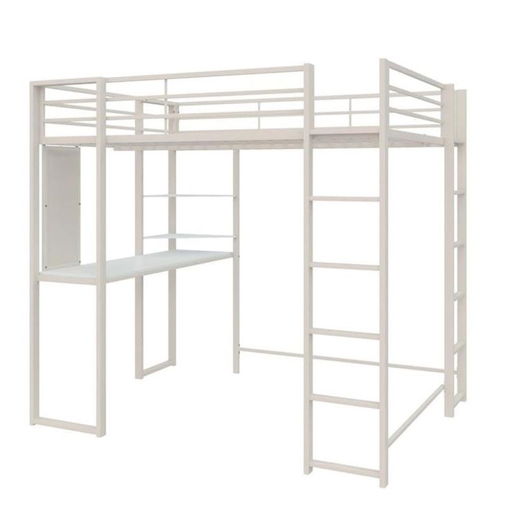 a white loft bed with a desk and ladders on the bottom level, against a white background