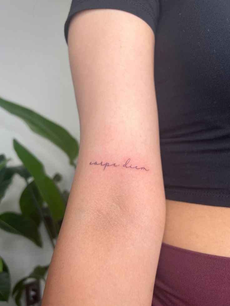 cute tattoos Small Carpe Diem Tattoo, Carpe Diem Minimalist Tattoo, Cursive Tattoo On Wrist, Cursive Spanish Tattoos, Font Tattoo Women, Tattoo Ideas Carpe Diem, Minimalist Tattoo Fine Line, Sweet Caroline Tattoo, Carpe Firm Tattoo