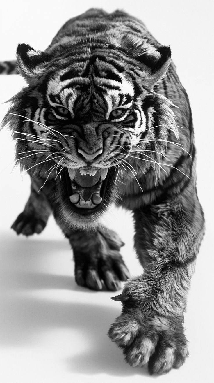 a black and white photo of a tiger